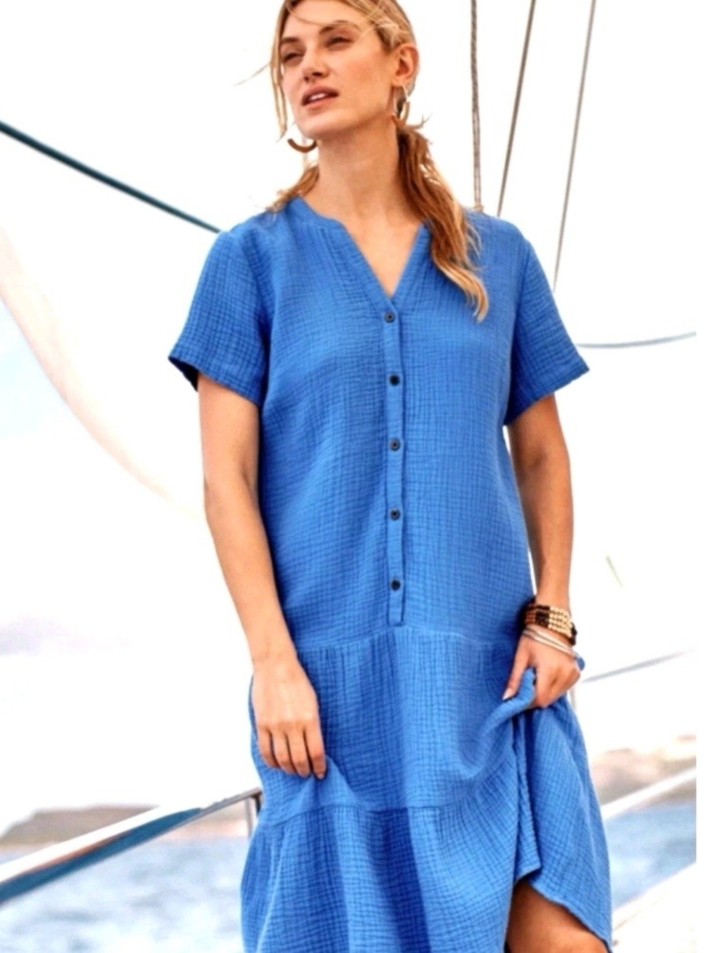 J.Jill Cotton Gauze Tiered Midi Dress Coastal Minimalist Resortcore Blue XS PET